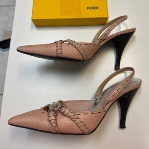 Fendi Selleria Pale Pink Roman Leather Slingback Heels Size 36 6.5 Silver Access